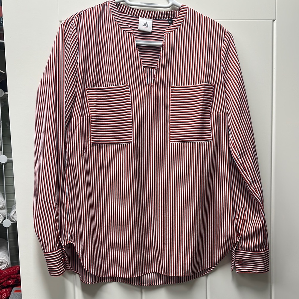 Cabi Red Striped women’s v neck blouse